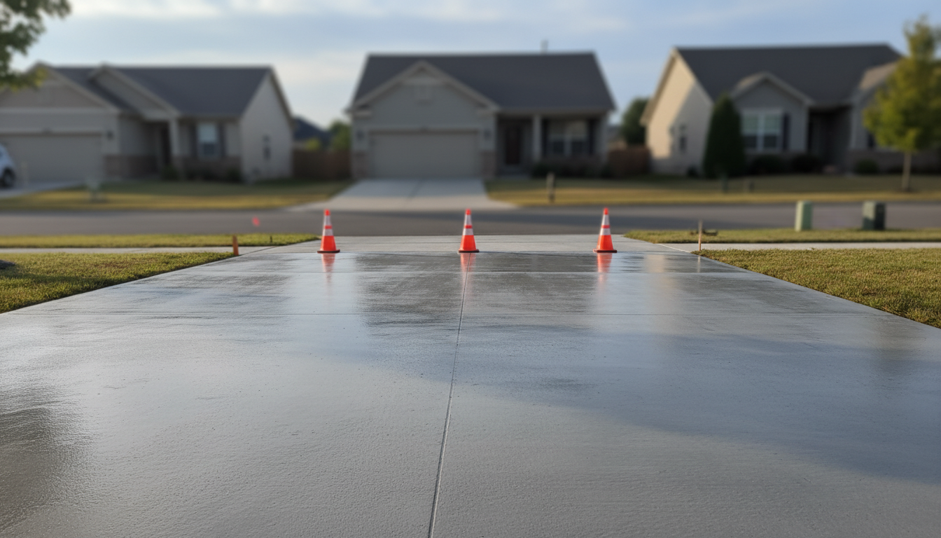 Fresh concrete driveway with curing compound applied